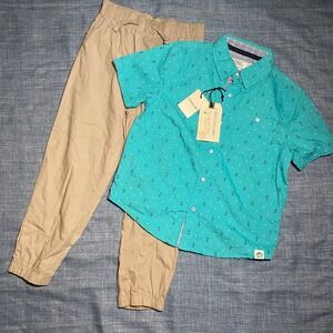 Free Planet Kids 2 Piece Teal Anchor Button Up Shirt & Khaki Jogger Pants Size 5